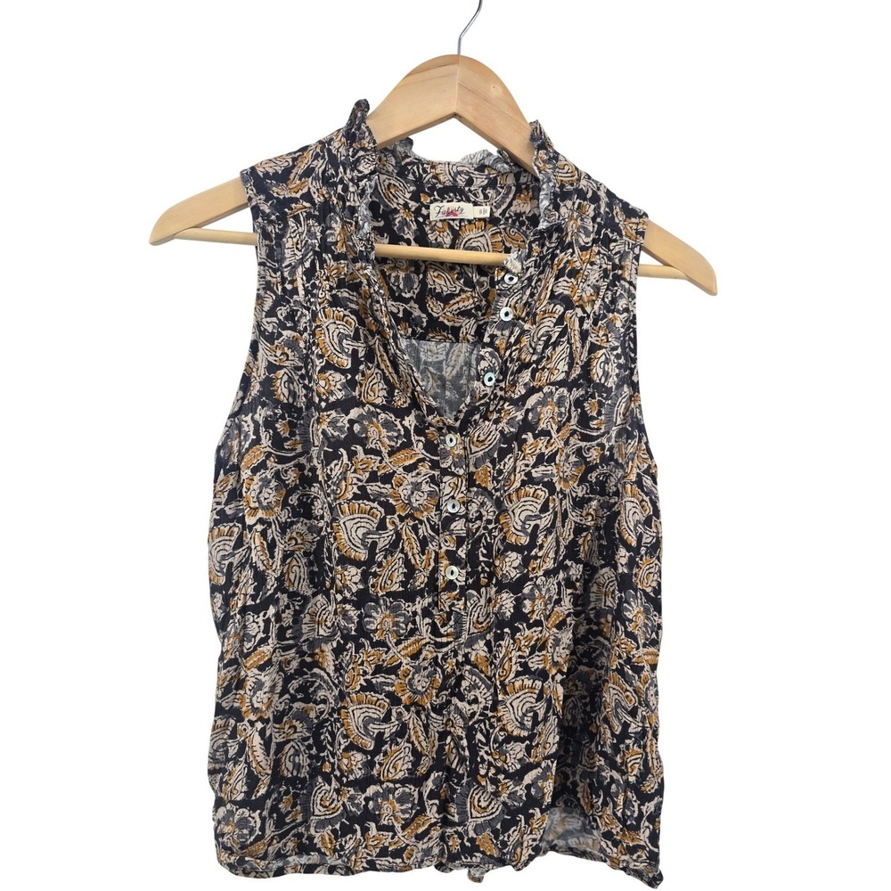 Faherty Willa Top Women Small Black Gold Paisley‎ Ruffle Neck Viscose Sleeveless
